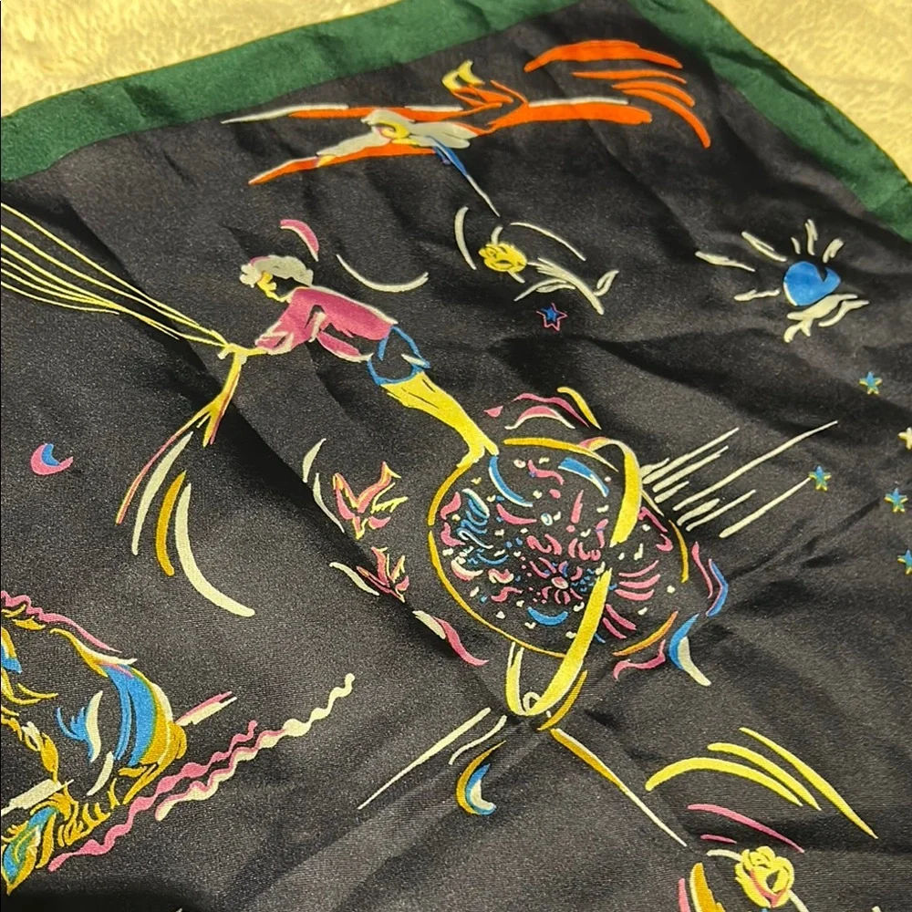 Tory Burch Navy Multicolor Silk Scarf with Green Border